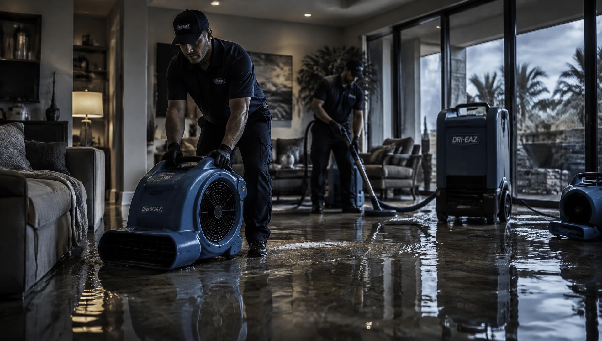 Restoration technicians extracting water from a flooded living room