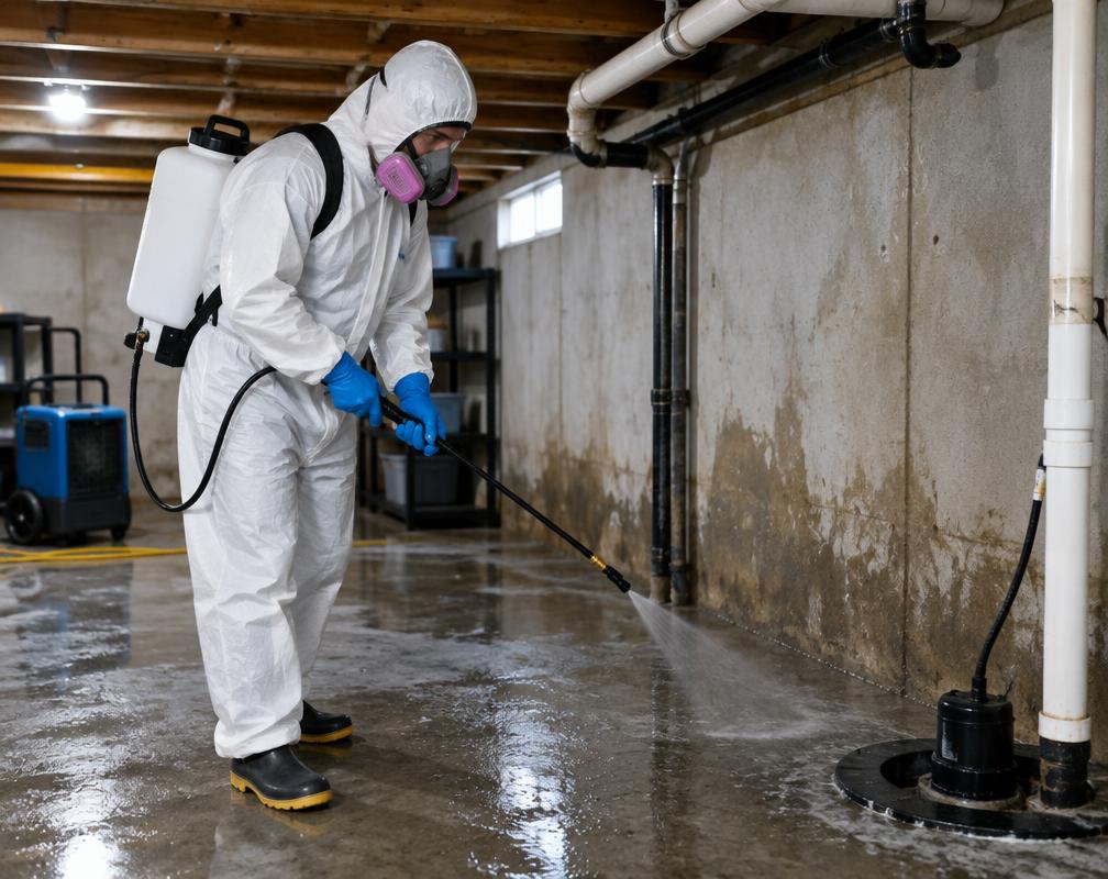 Technician disinfecting basement after sewer backup