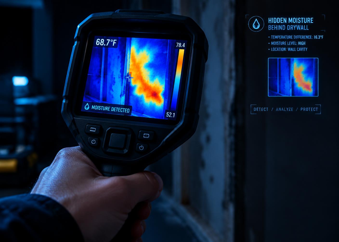 Thermal imaging camera showing hidden moisture